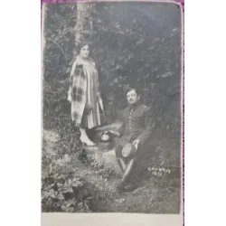 Fotografie tip Carte postala, militar cu sotia in excursie la Govora, 1926