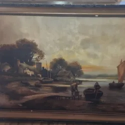 Tablou - Peisaj fluvial cu bărci și pescari, semnat Béatrice, datat 1911
