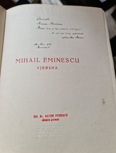 Mihail Eminescu - Vjersha, cu dedicatia ingrijitorului editiei