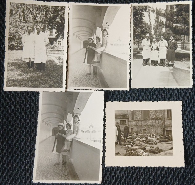 Set de 4 fotografii, personal medical civil si militar, al doilea razboi mondial+1 fotografie cu morti din razoi