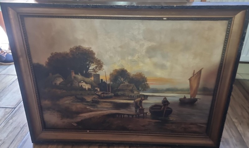 Tablou - Peisaj fluvial cu bărci și pescari, semnat Béatrice, datat 1911