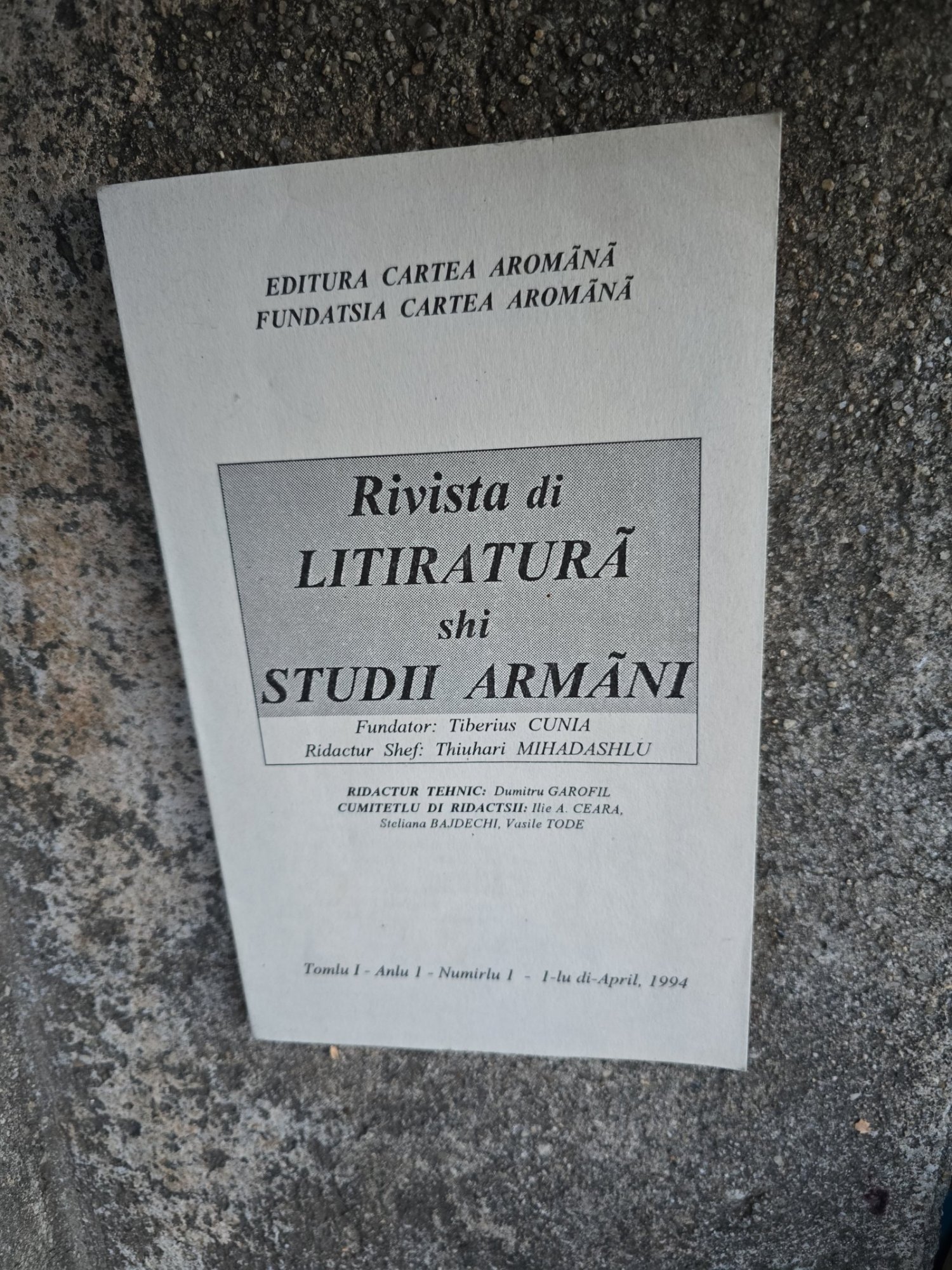 Rivista di LITITRATURĂ shi STUDII ARMÎNI - Tiberius Cunia/Tomul I, Anul 1, nr.1