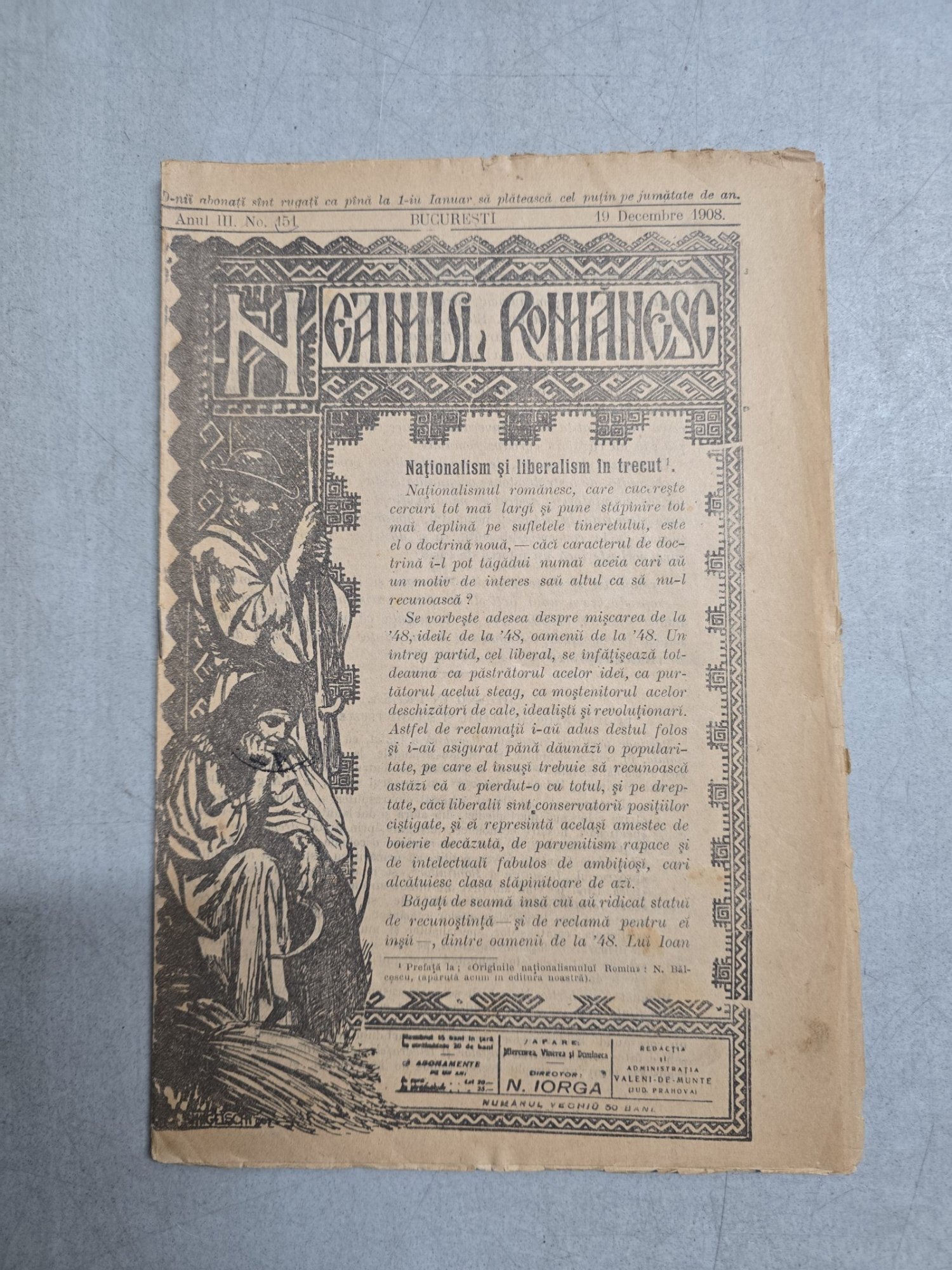 Neamul Romanesc nr. 151/19.12.1908 - Director  N. Iorga