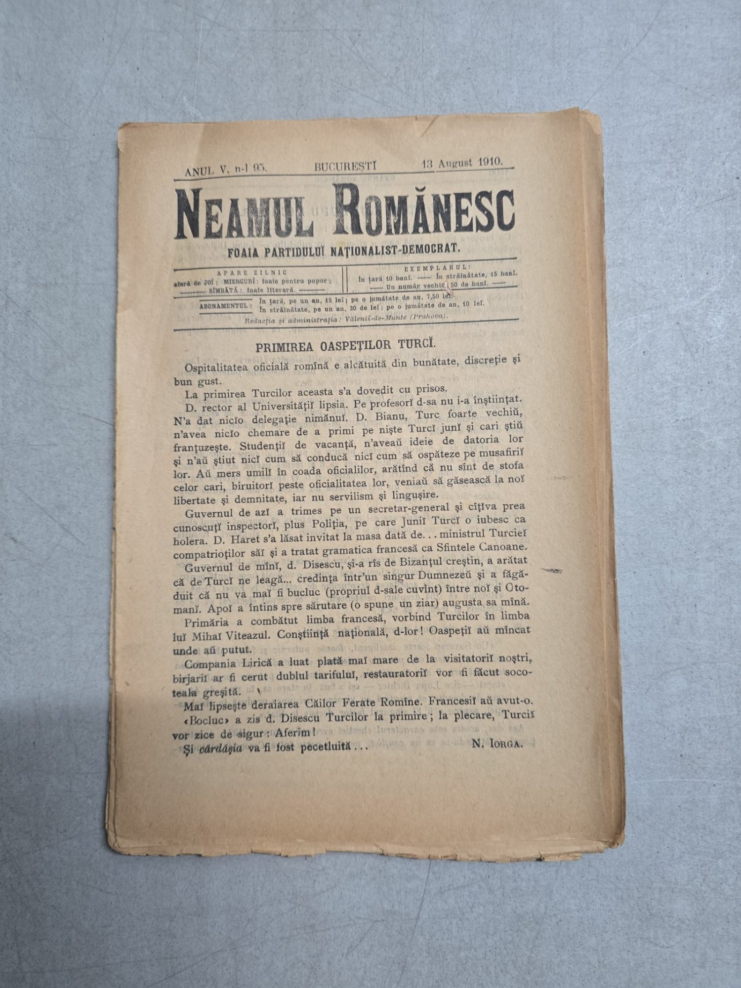 Neamul Românesc nr. 95/13.08.1910  -  foaia Partidului Nationalist Democrat