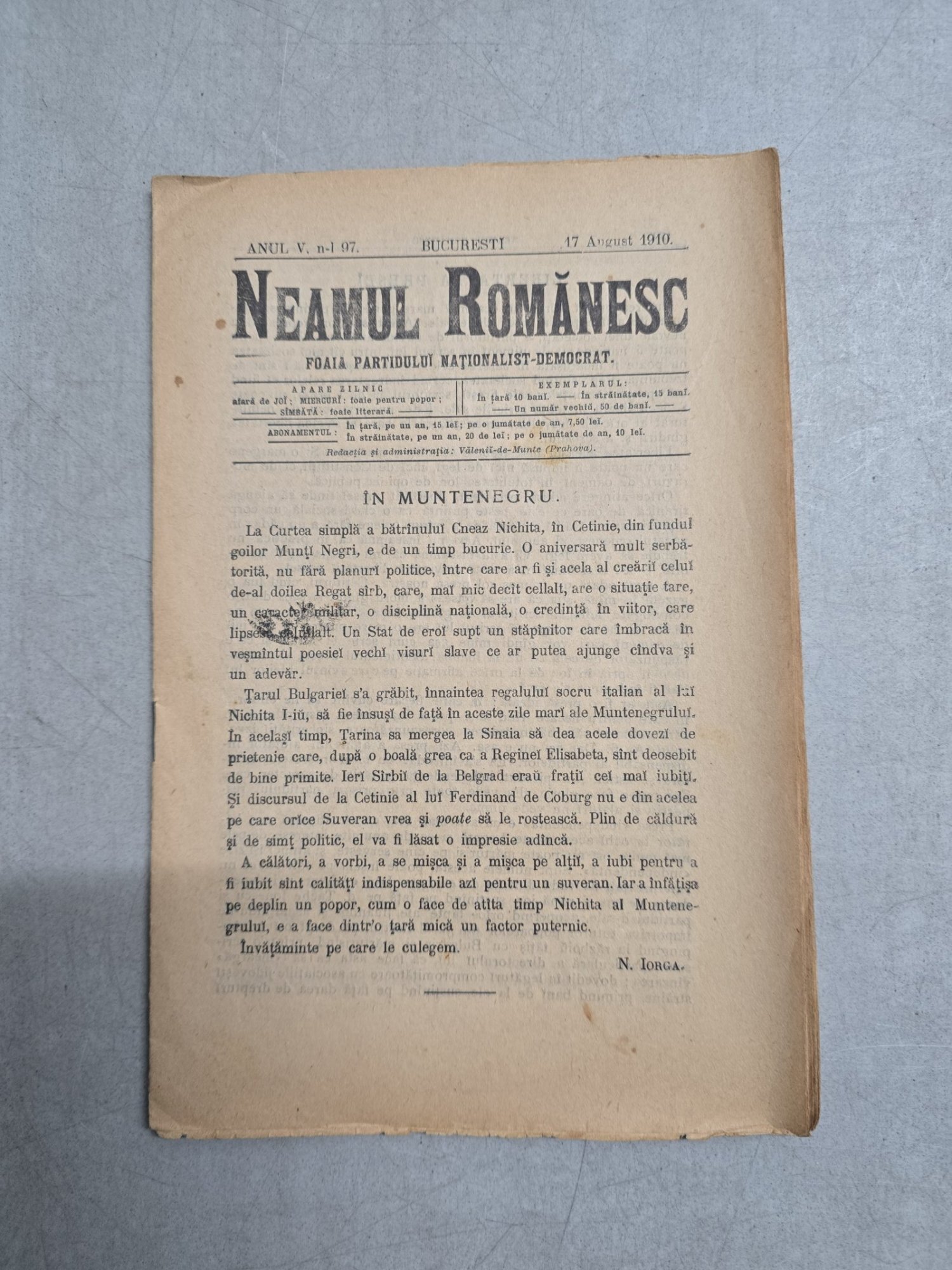 Neamul Românesc  nr. 97/17.08.1910 - foaia Partidului Nationalist Democrat