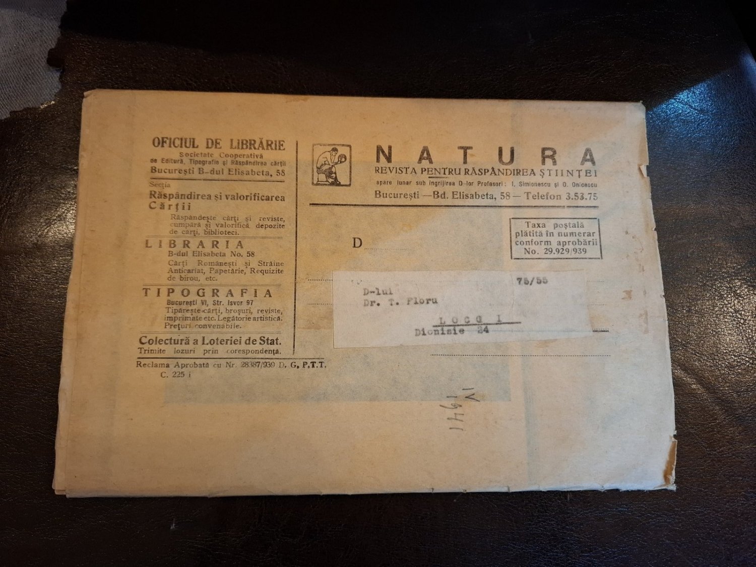Revista Natura impreauna cu plicul expediat D-lui Dr.T.Floru - Nr.4 Aprilie 1941 Anul XXX