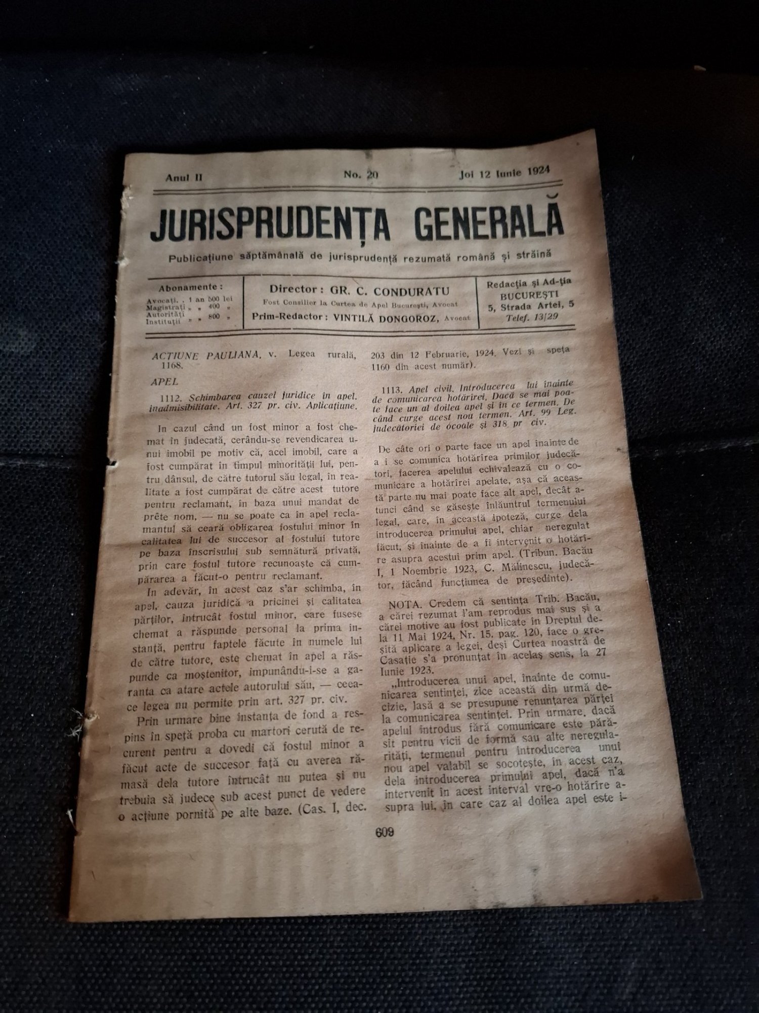 Revista Jurisprudența Generală, Anul II Nr.20 1924 - Vintila Dongoroz , note de D.Alexandresco