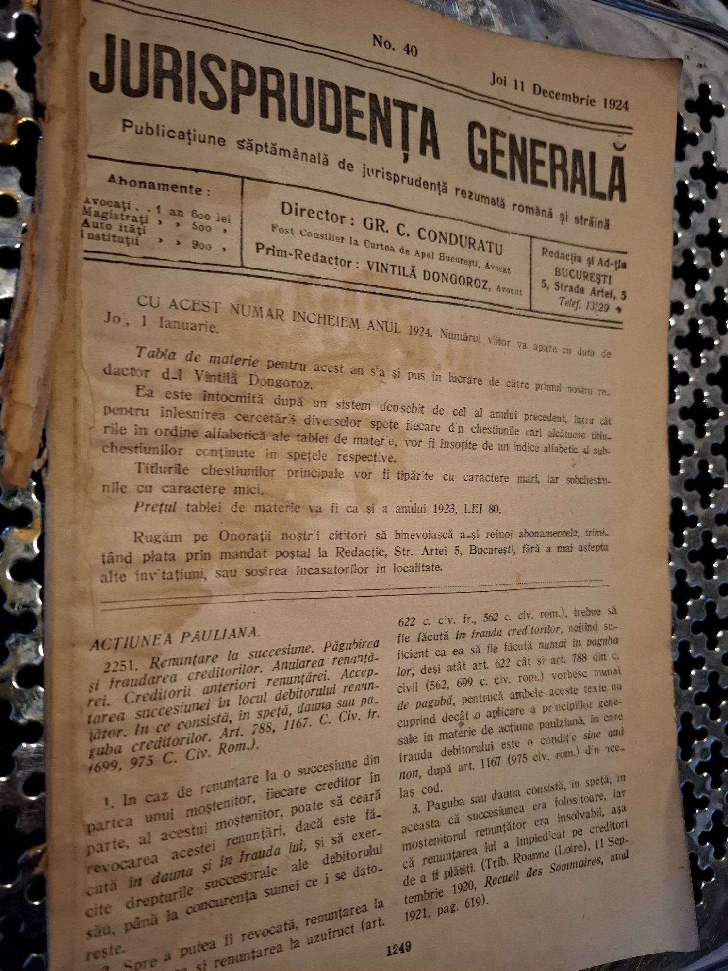 Revista Jurisprudența Generală, Anul II Nr.40 1924 - Vintilă Dongoroz si note scrise de D.Alexandresco