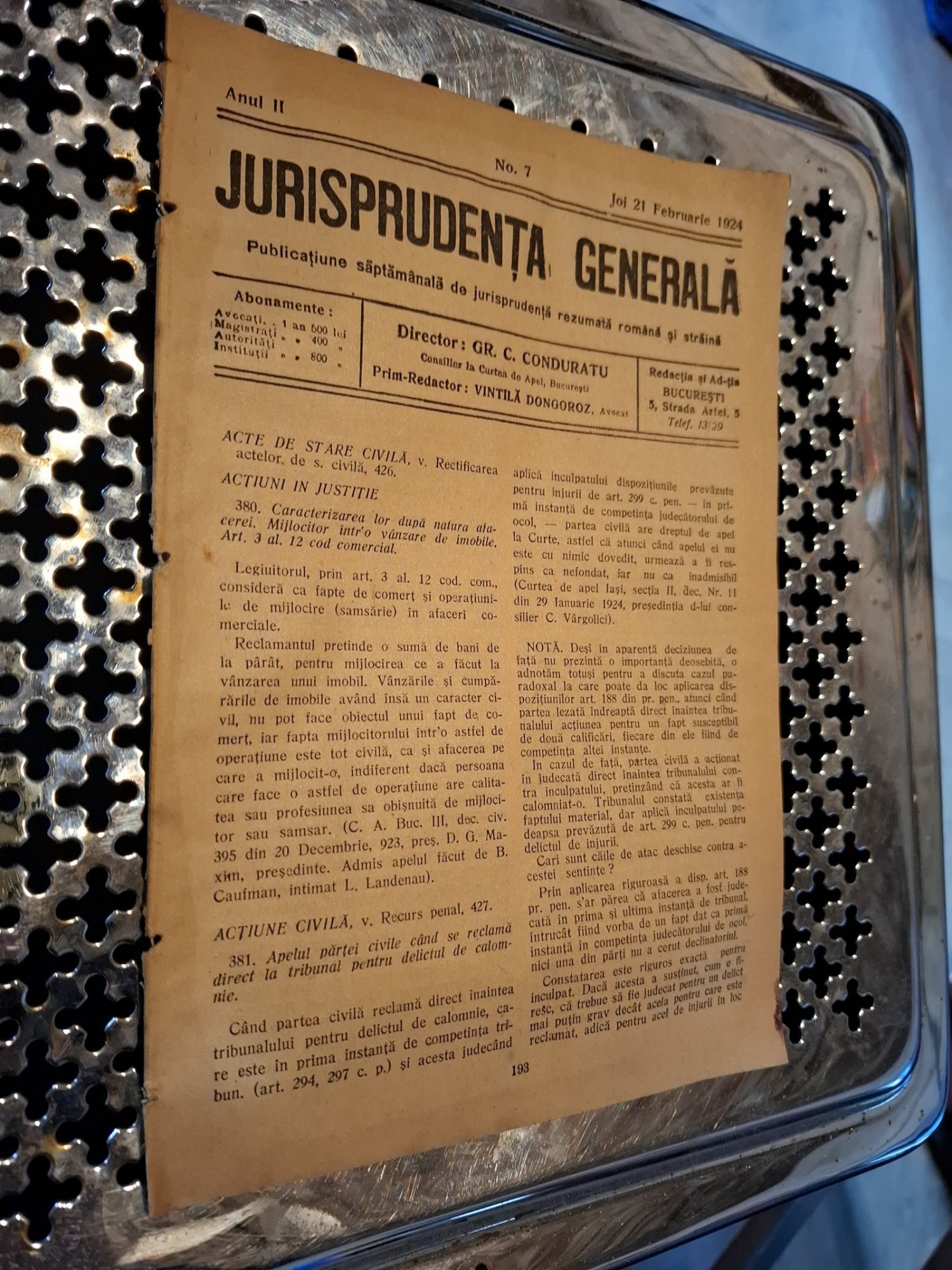 Revista Jurisprudența Generală Anul II Nr.7 1924 - Vintila Dongoroz si note scrise de Dimitrie Alexandresco