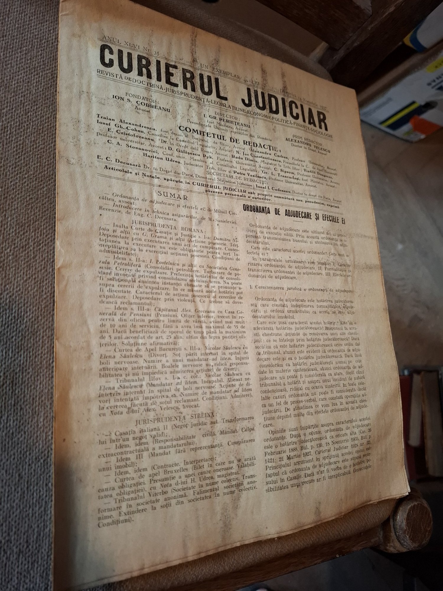 Revista Curierul Judiciar, Anul XLVI Nr.35 1937 -  I.Gr.Periteanu, Alexandru Velescu
