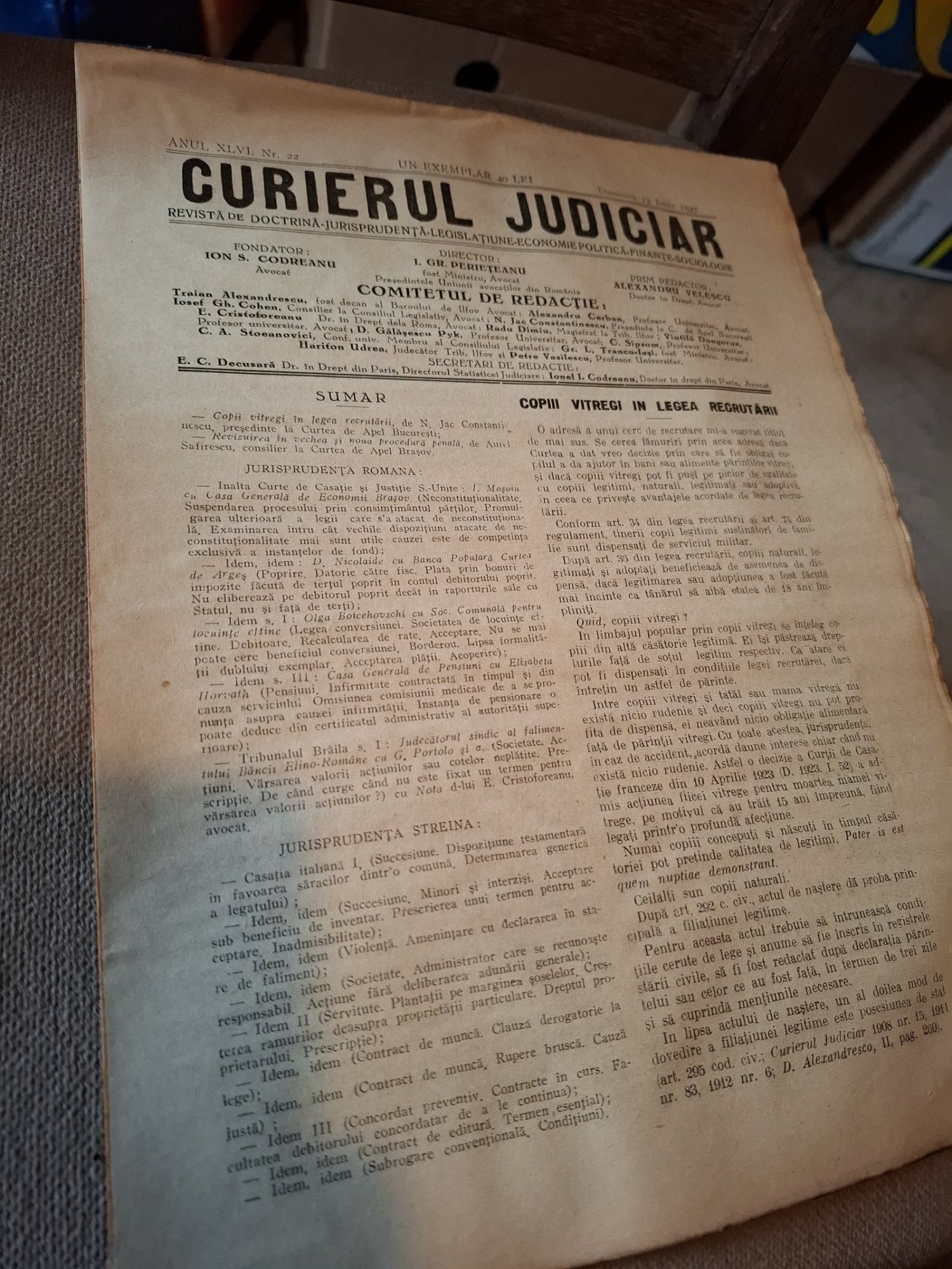 Revista Curierul Judiciar, Anul XLVI Nr.22 1937 -  I.Gr.Periteanu, Alexandru Velescu