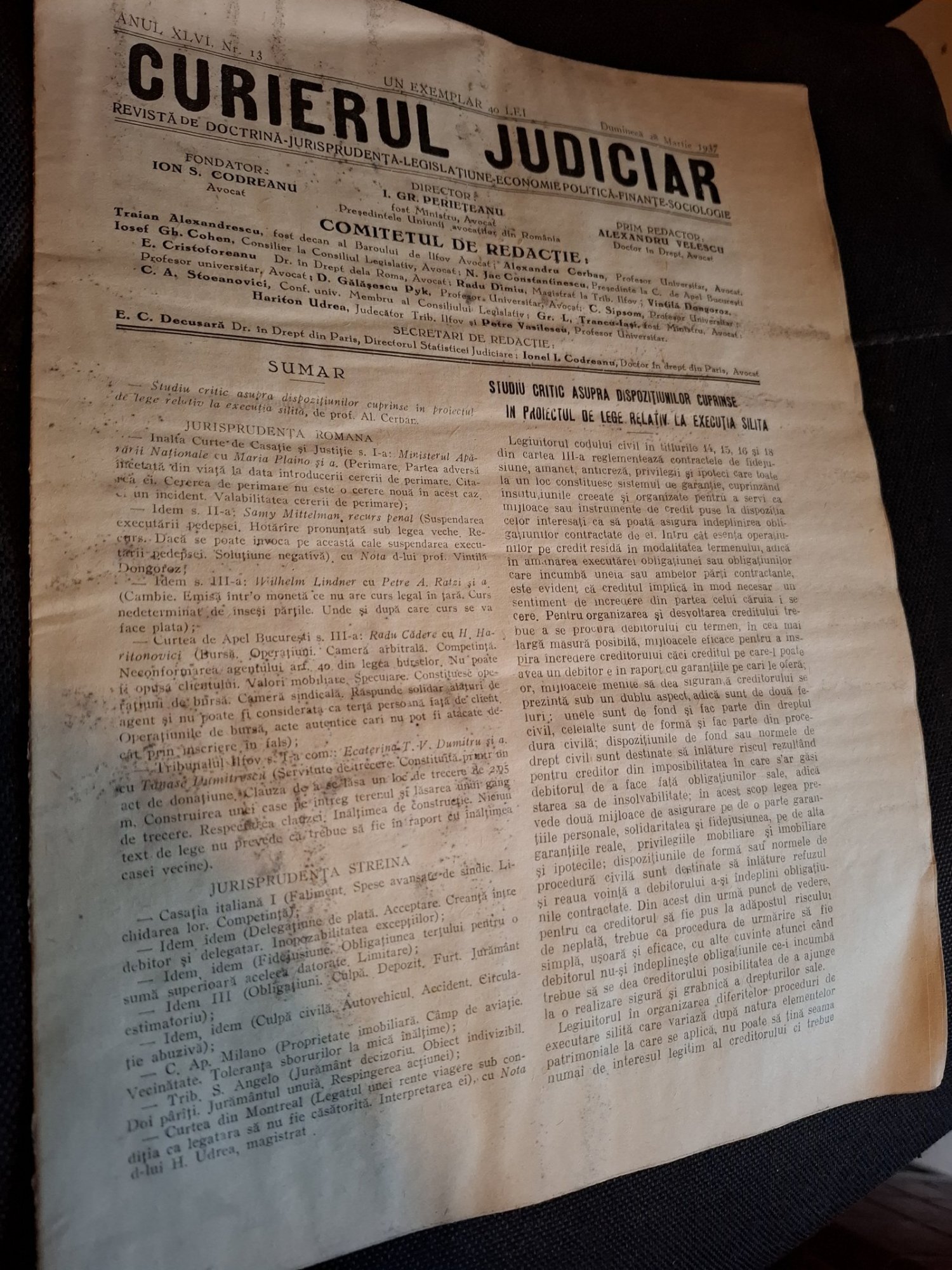 Revista Curierul Judiciar Anul XLVI Nr.13 1937 -  I.Gr.Periteanu, Alexandru Velescu