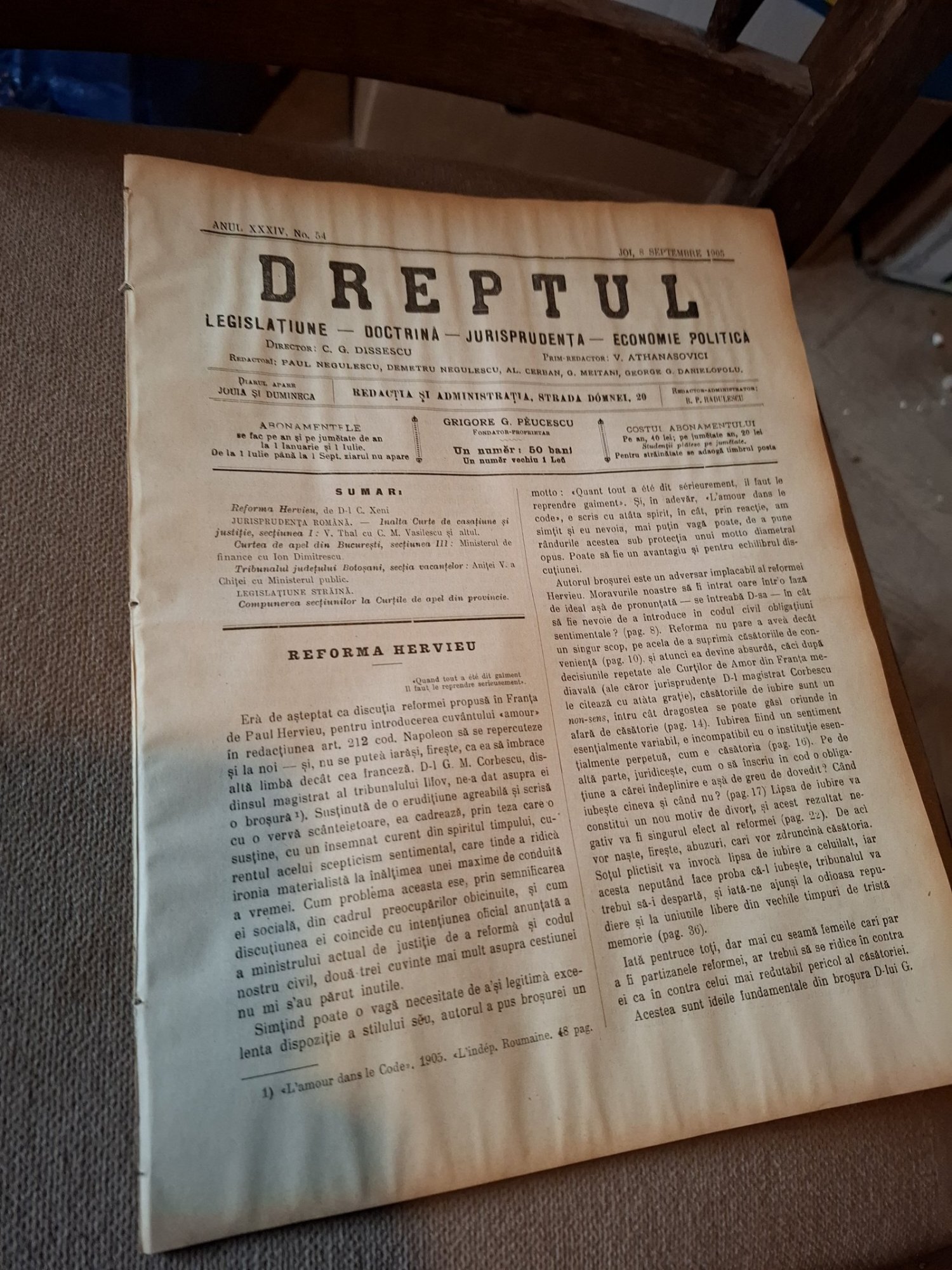 Dreptul, Revista de legislatiune, doctrina, jurisprudenta, economie politica, Anul XXXIV Nr.54 1905 - C.G.Dissescu, V.Athanasovici, Paul Negulescu, Al.Cerban, George G.Danielopolu