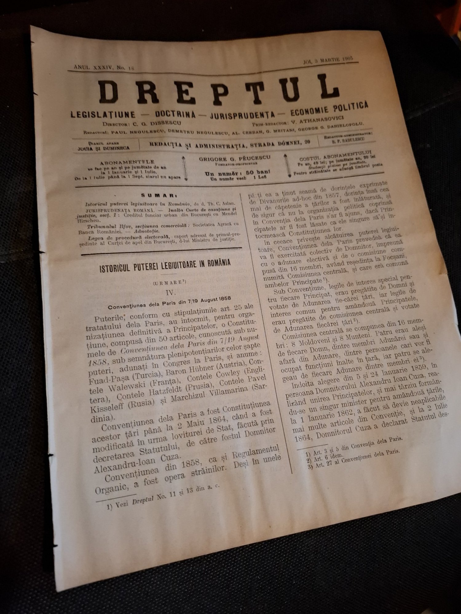 Dreptul, Revista de legislatiune, doctrina, jurisprudenta, economie politica,Anul XXXIV Nr.18 1905 - C.G.Dissescu, V.Athanasovici, Paul Negulescu, Al.Cerban, George G.Danielopolu