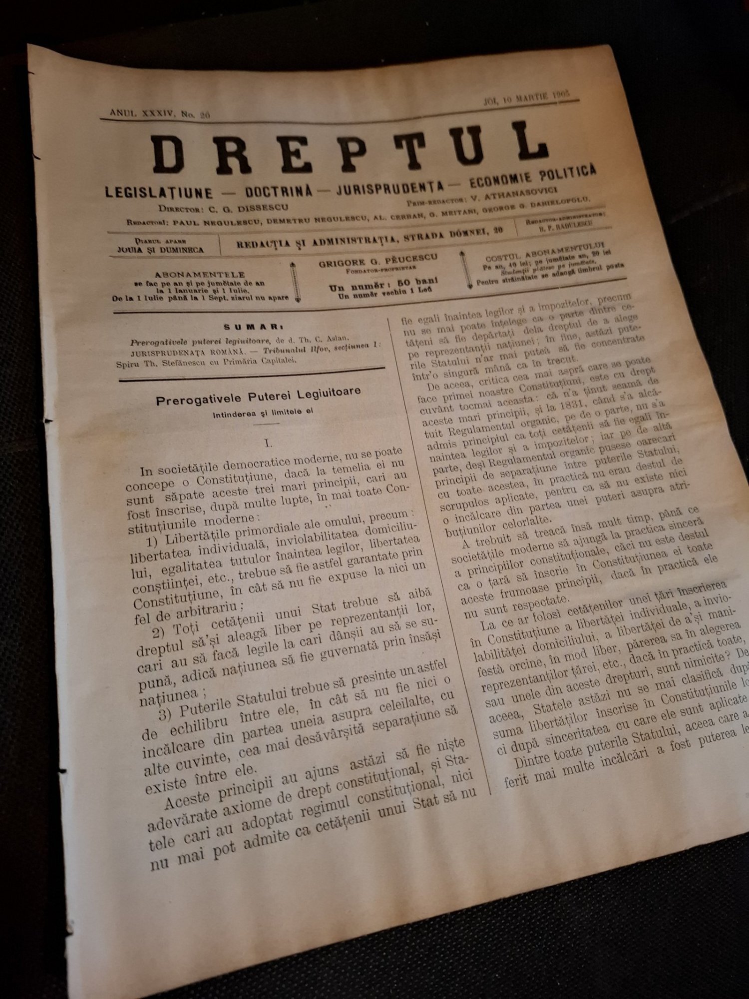 Dreptul, Revista de legislatiune, doctrina, jurisprudenta, economie politica,Anul XXXIV Nr.20 1905 - C.G.Dissescu, V.Athanasovici, Paul Negulescu, Al.Cerban, George G.Danielopolu