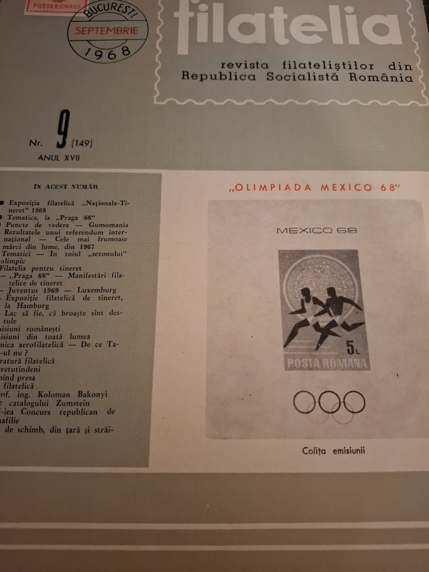 Revista Filatelia Nr.9 Septembrie 1968 Anul XVII - Revista filatelistilor din Republica Socialistă România