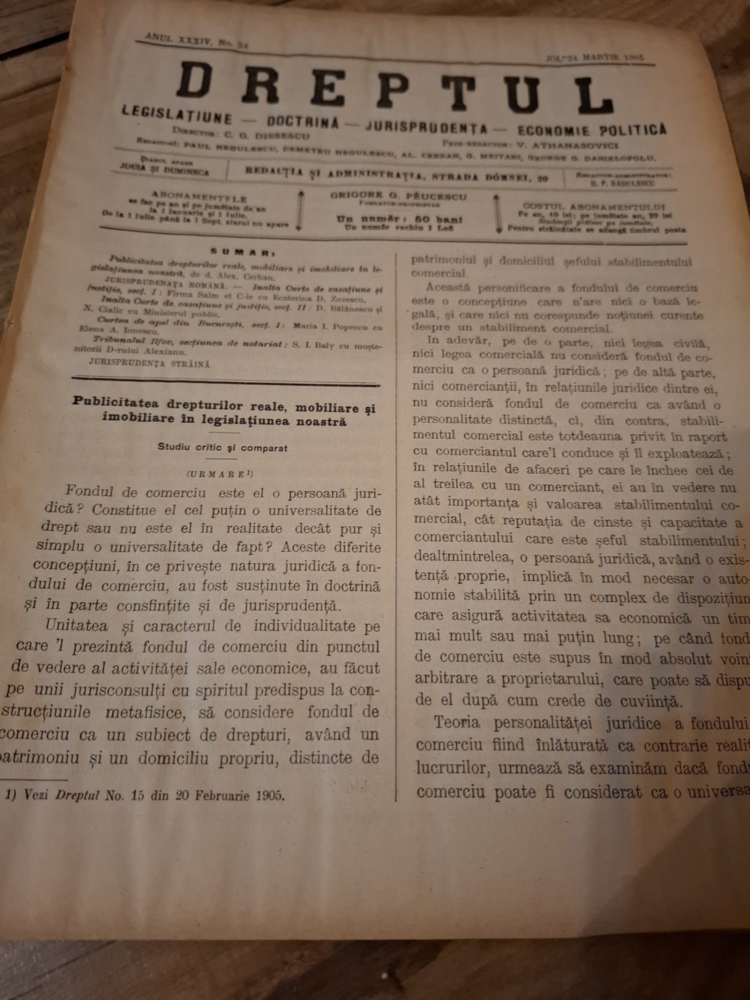 Dreptul, Revista de legislatiune, doctrina, jurisprudenta, economie politica,Anul XXXIV Nr.24 Martie 1905 - C.G.Dissescu, V.Athanasovici, Paul Negulescu, Al.Cerban, George G.Danielopolu