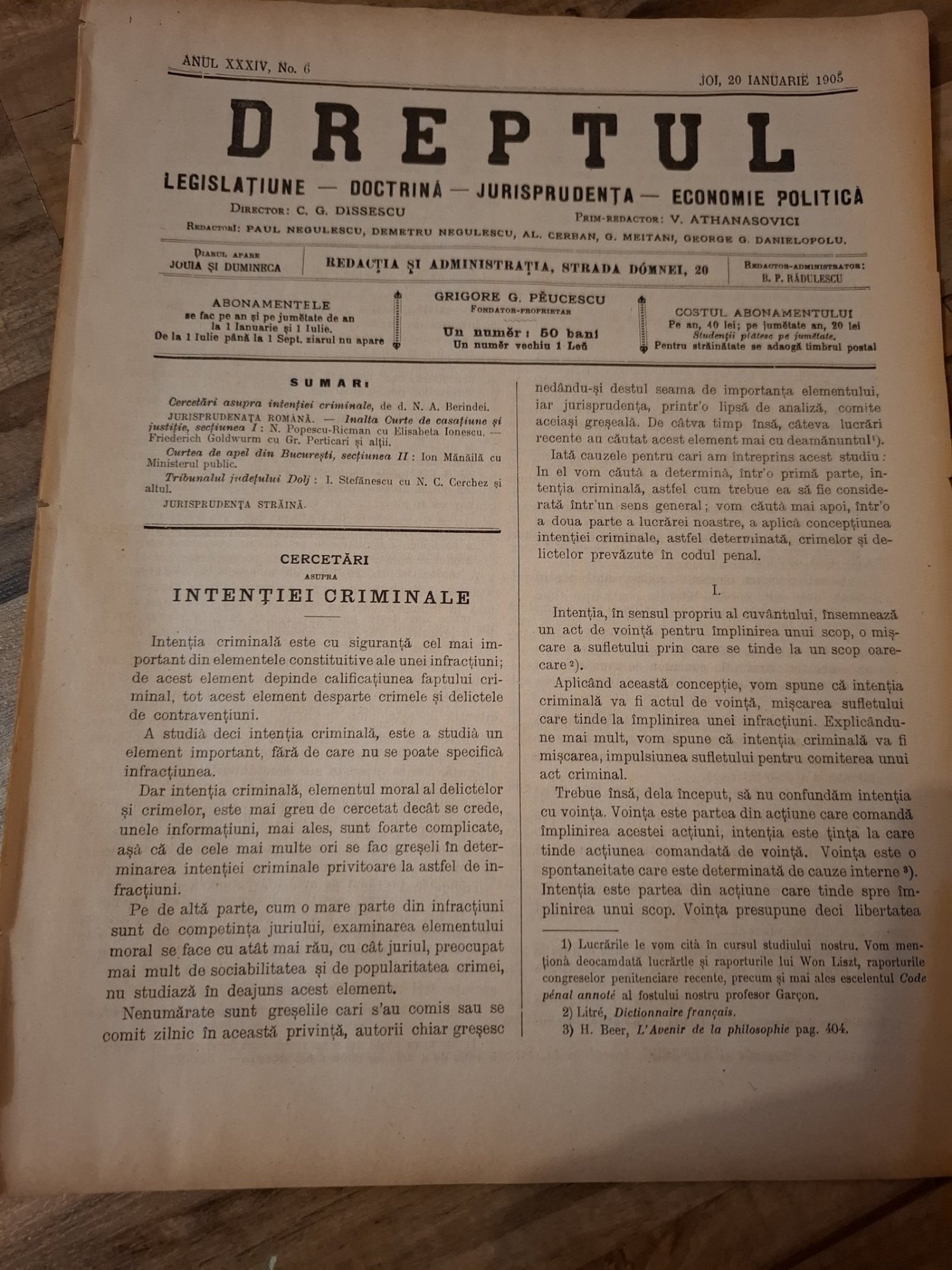 Dreptul, Revista de legislatiune, doctrina, jurisprudenta, economie politica,Anul XXXIV Nr.6 Ianuarie 1905 - C.G.Dissescu, V.Athanasovici, Paul Negulescu, Al.Cerban, George G.Danielopolu