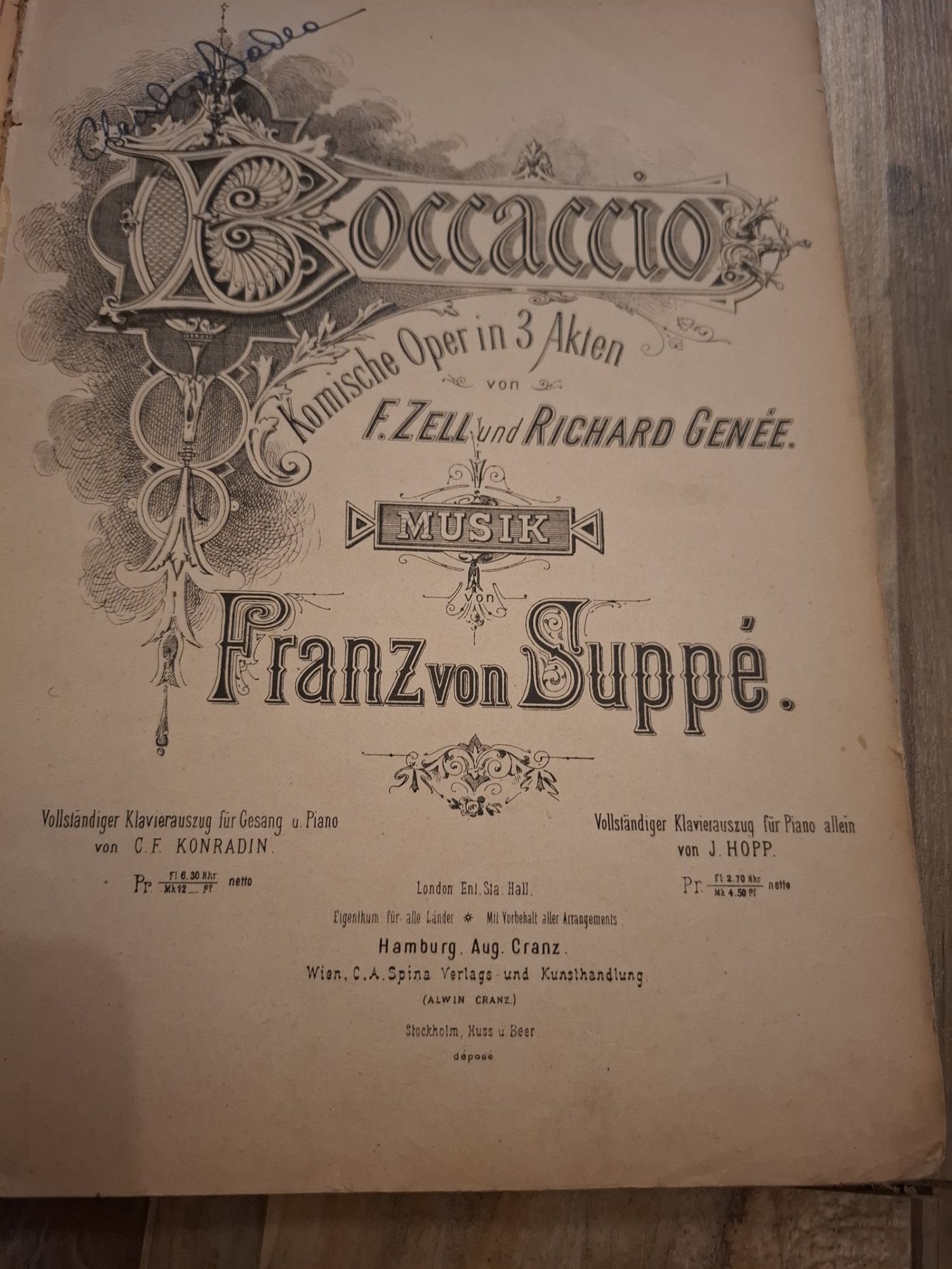 Von Suppe Franz Boccaccio Opera Piano (partitura pentru pian) - F. Zell și Richard Genée
