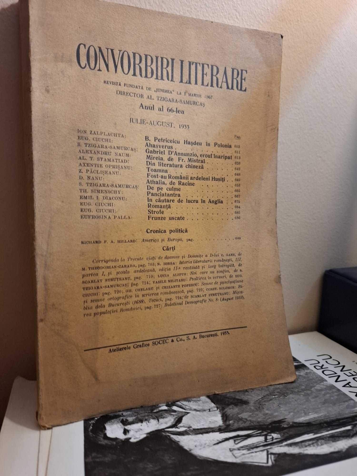 Convorbiri literare anul al 66-lea Iulie-August 1933 - Revista fondata de Junimea la 1 Martie 1867 - Director Al.Tzigara-Samurcas