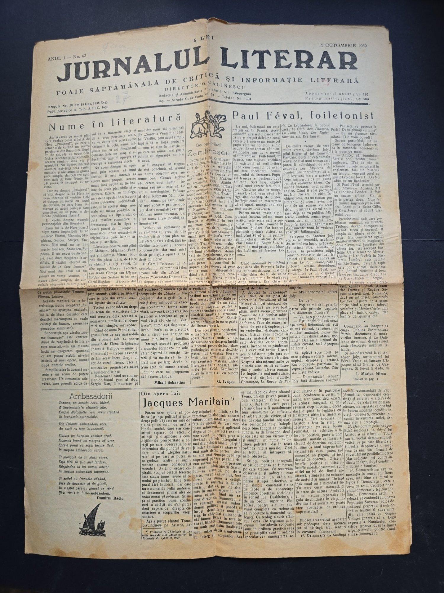Ziarul Jurnalul Literar No. 42/Anul I - Director G. Călinescu