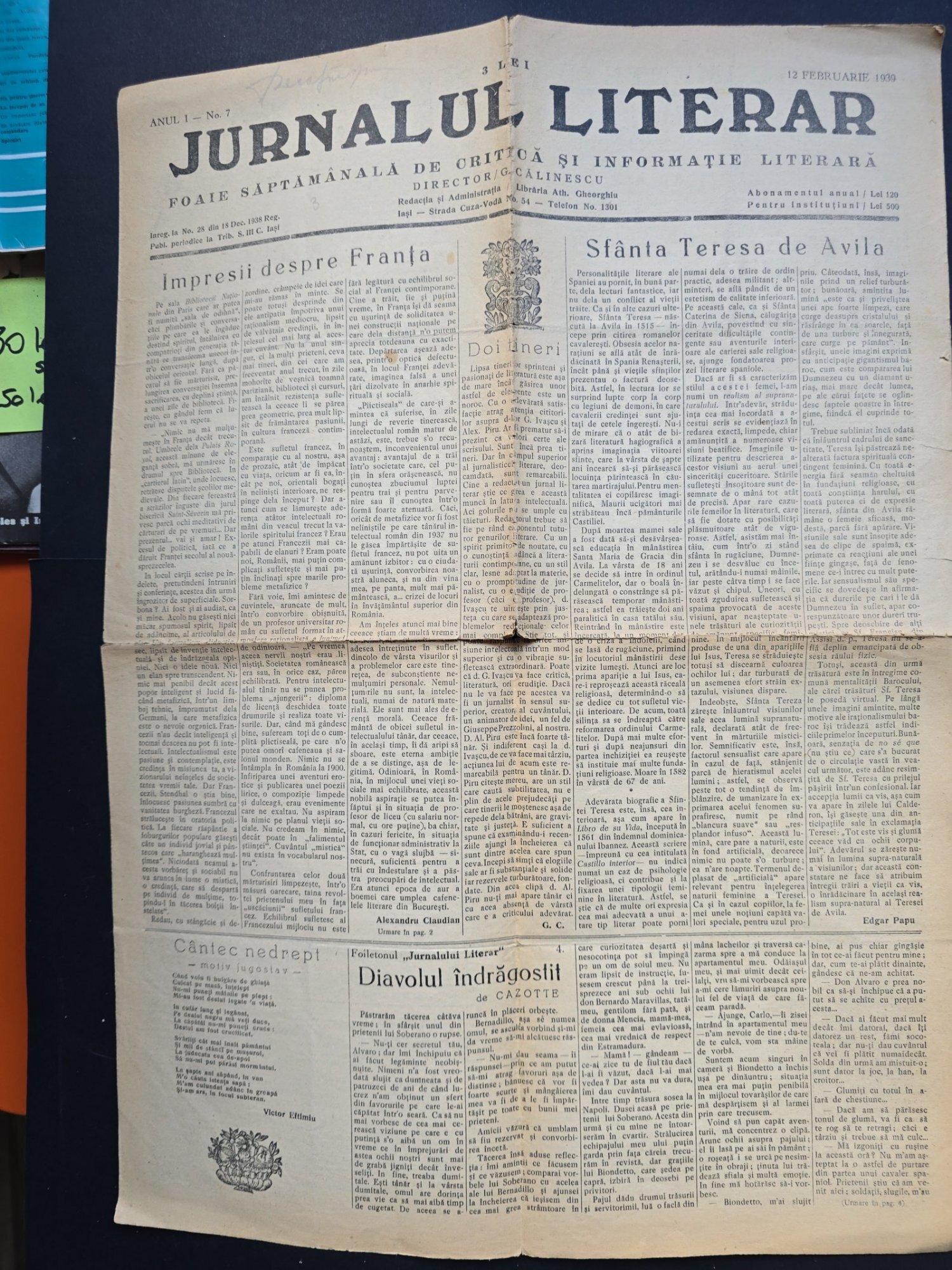 Ziarul Jurnalul Literar No. 7/Anul I - Director G. Călinescu