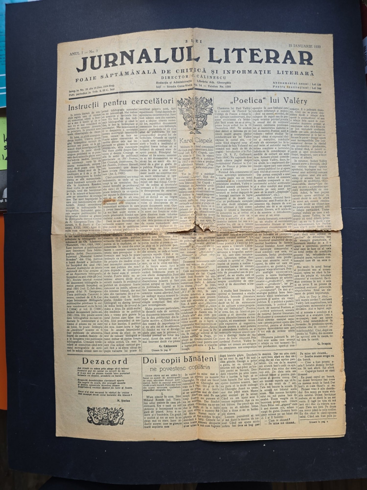Ziarul Jurnalul Literar No. 3/Anul I - Director G. Călinescu