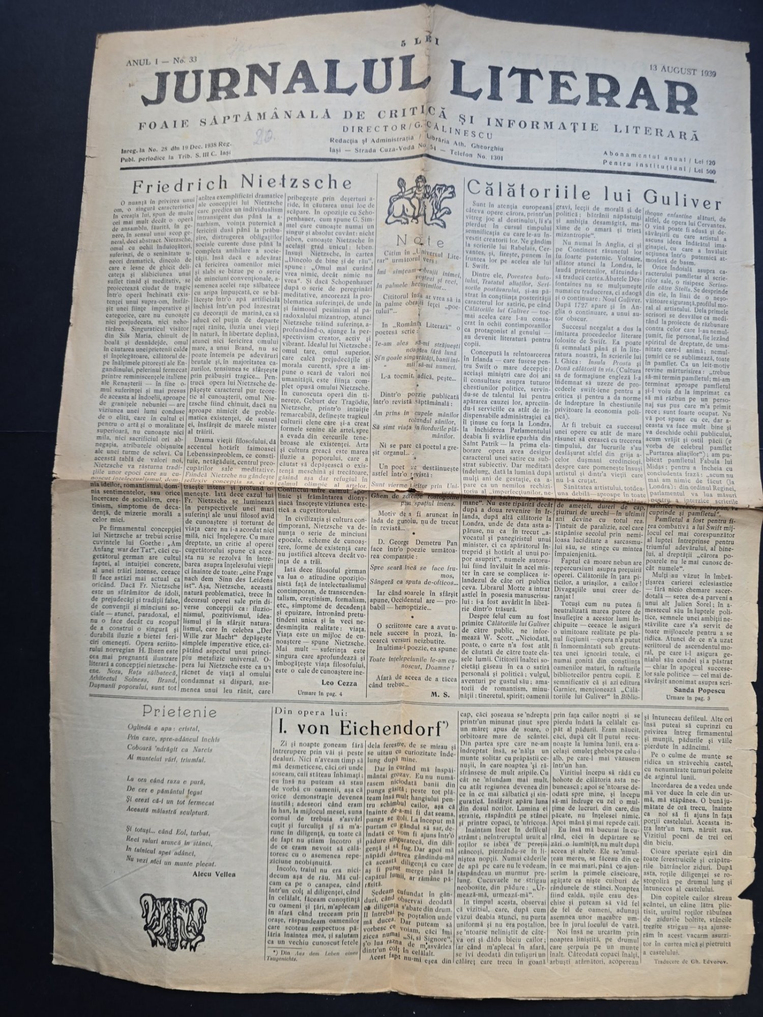 Ziarul Jurnalul Literar No. 33/Anul I - Director G. Călinescu