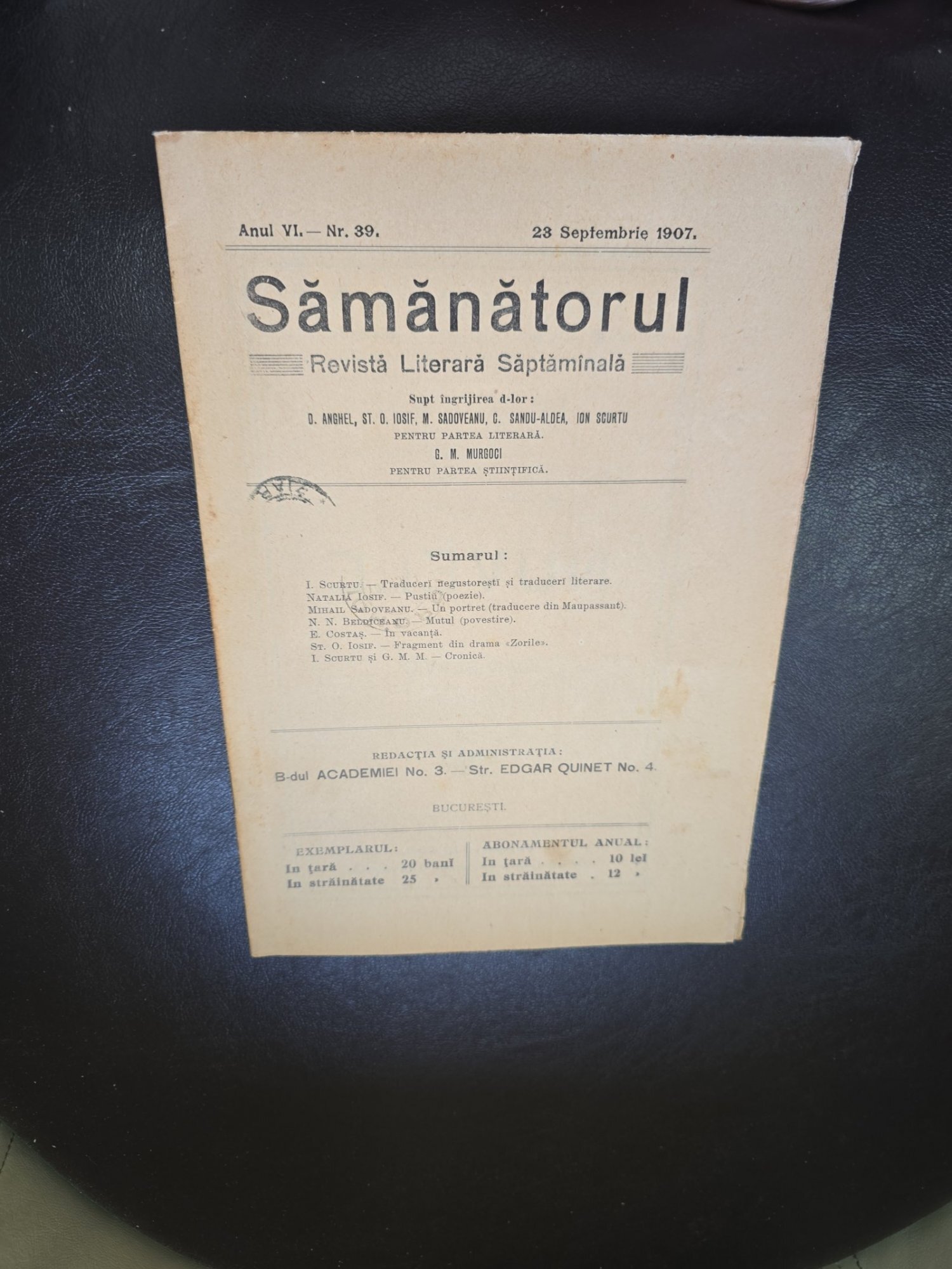 Revista Samanatorul, revista literara saptamanala nr.39/1907