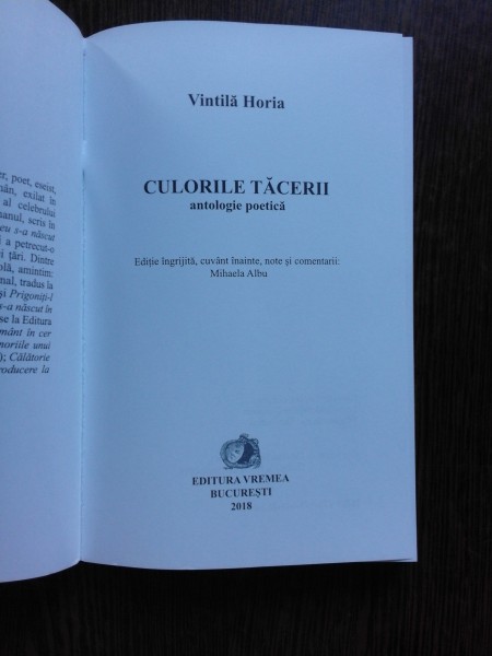 CULORILE TACERII, ANTOLOGIE POETICA - VINTILA HORIA