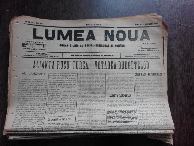 Ziarul Lumea Noua, ziar socialist,organ al P.S.D.-M.R.,Anul III, 811 vineri 21 martie 1897