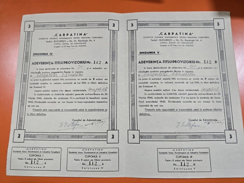 Adeverință-titlu provizoriu din 1946 pentru acțiunile emisiunii V ale societății Carpatina - Societate Anonimă Românească Pentru Industria Forestieră, cu sediul în București.