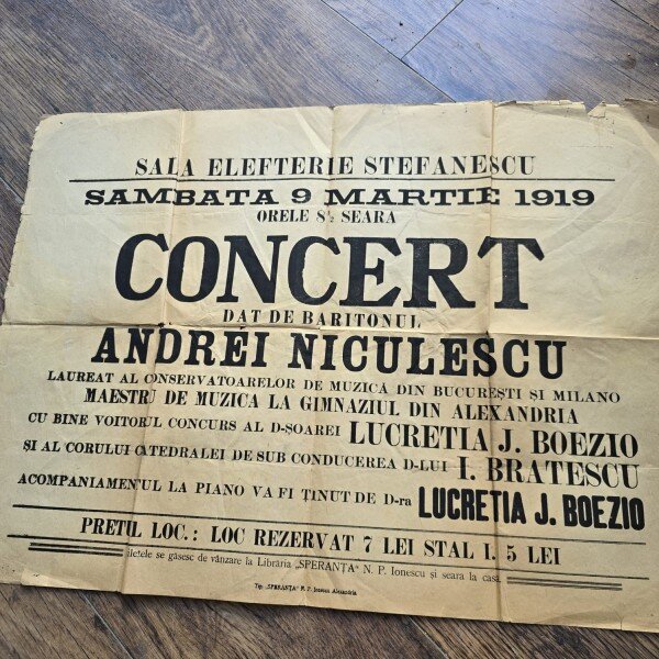 Bilet Concert dat de Baritonul Andrei Niculescu, 1919