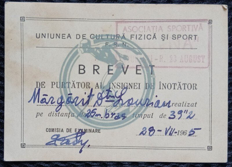 Brevet de purtator al insignei de inotator, 1965