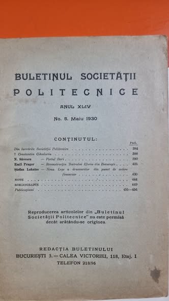 Buletinul Societății Politecnice, Anul XLIV, No. 5, publicat în Mai 1930