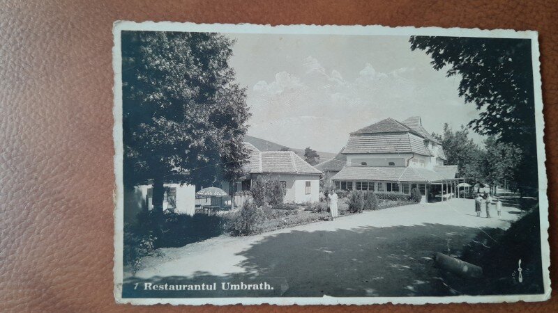 Carte postala, Baile Bazna Restaurantulm Umbrath, perioada interbelica