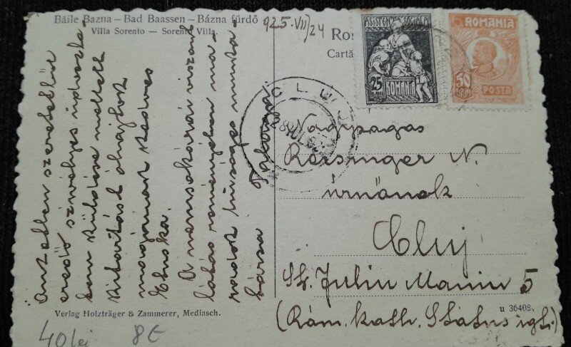 Carte postala, Baile Bazna Vila Sorento, 1924
