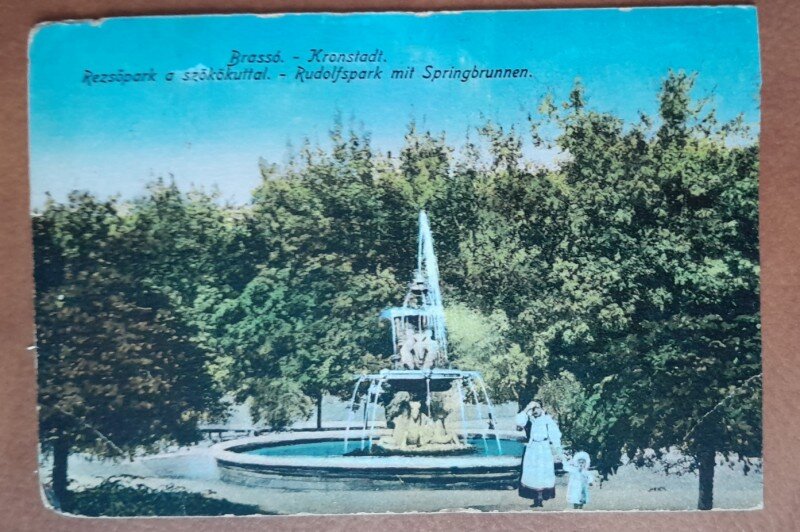 Carte postala, Brasov, fantana din parcul Rudolf, perioada interbelica