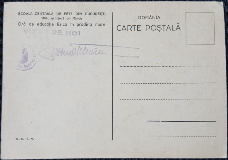 Carte Postala, Bucuresti, Scoala Centrala de Fete, Ora de educatie fizica in gradina mare, perioada interbelica