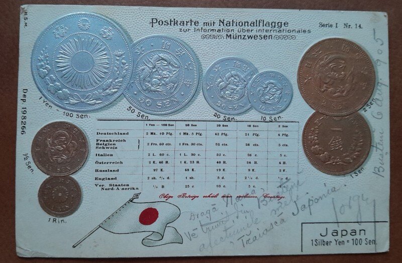 Carte postala, circulata, steaguri nationale, 1905
