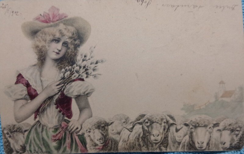 Carte postala, Fetita cu palarie si flori, 1902