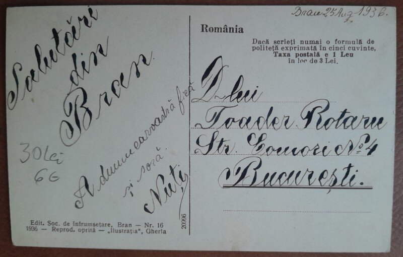 Carte postala, iarna la Bran, 1936