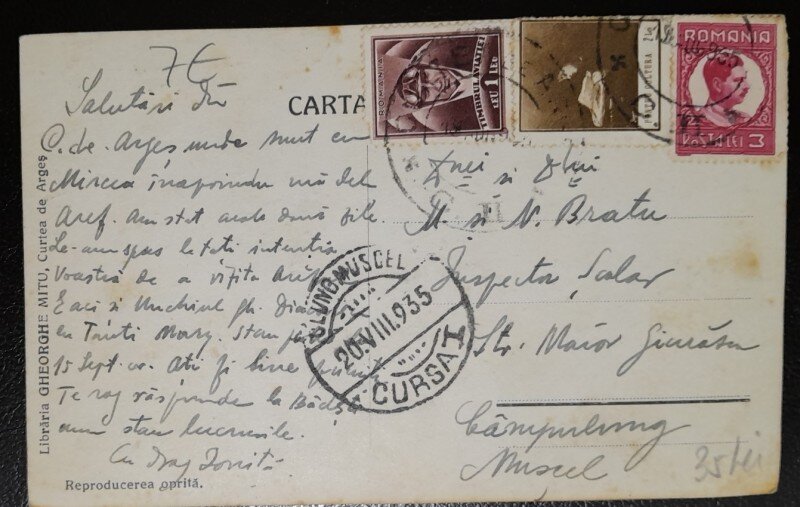 Carte postala, pe Arges in sus, Ruinele Cetatii Vlad Tepes vazute de sus, 1935