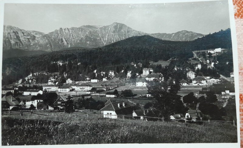 Carte postala, Predeasl, vedere generala spre muntii Bucegi, perioada interbelica
