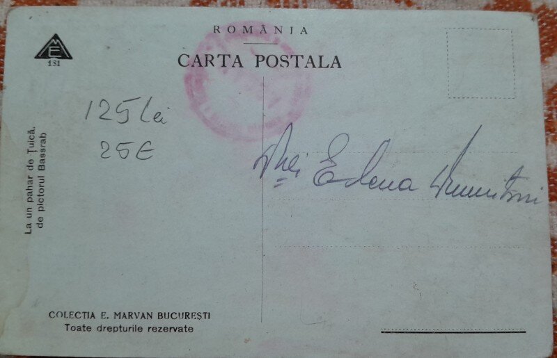 Carte postala, reproducere dupa pictura La u pahar de tuica de pictorul Bassarab