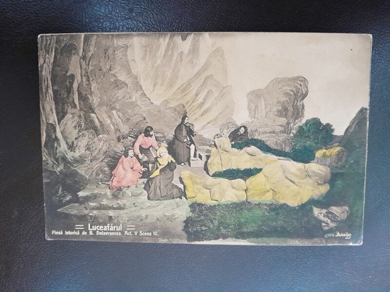 Carte postala, scena din piesa Luceafarul actul V, scena 10 inceput de secol XX