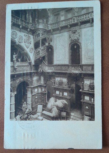 Carte postala, Sinaia, holul Castelului Peles, 1928
