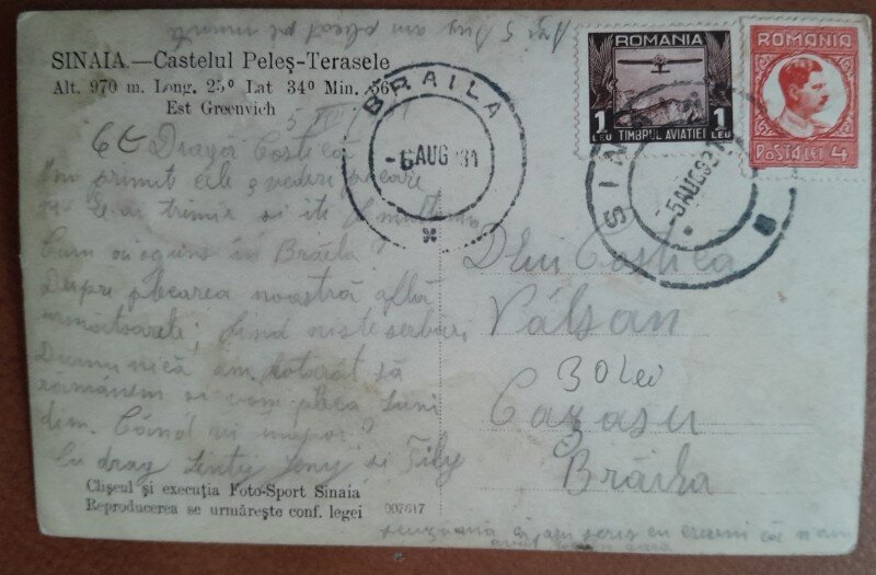 Carte postala, Sinaia, Terasele Castelului Peles, 1931