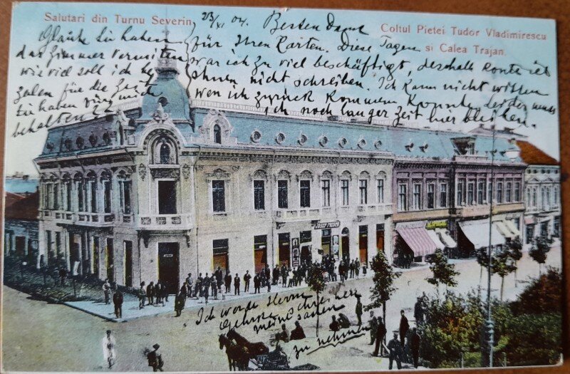 Carte postala, Turnu Severin, coltul Pietei Tudor Vladimirescu si Calea Traian, perioada interbelica