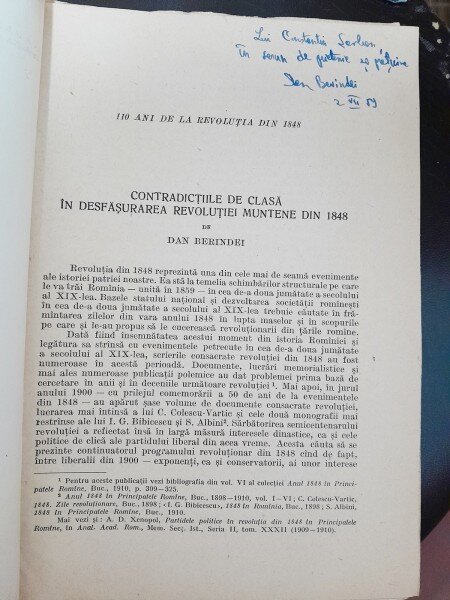 Contradictiile de clasa in desfasurarea Revolutiei Muntene din 1848 - Dan Berindei   cu dedicatoe